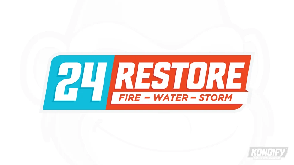 24 Restore logo with a cyan number block and orange Restore panel above the service line.