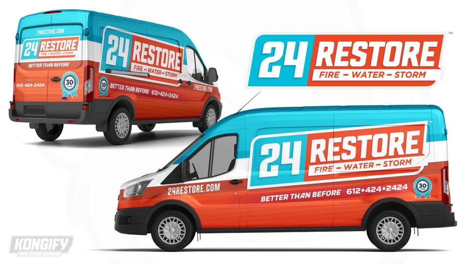 24 Restore van wrap design mockup with cyan, orange, and white panels.