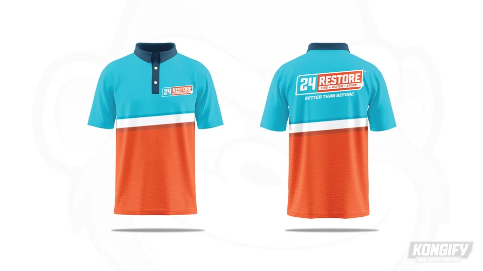 Front and back of the 24 Restore polo design with cyan and orange panels.