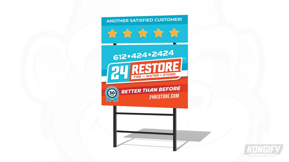 24 Restore yard-sign design mockup with the logo, service wording, and contact details.