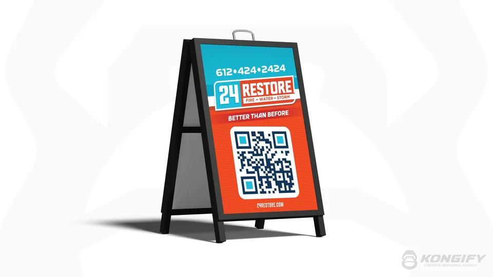 24 Restore A-frame design with the logo, phone number, brand message, and QR code.