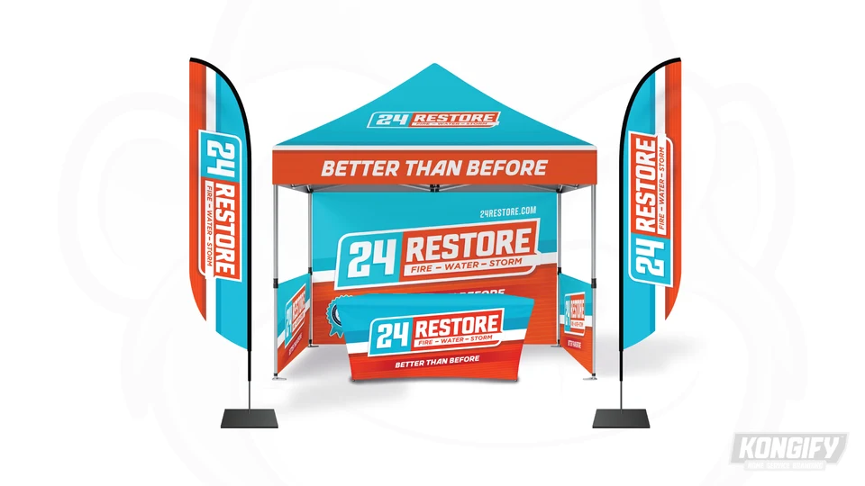 24 Restore canopy, flags, backdrop, and table-cover design mockup.