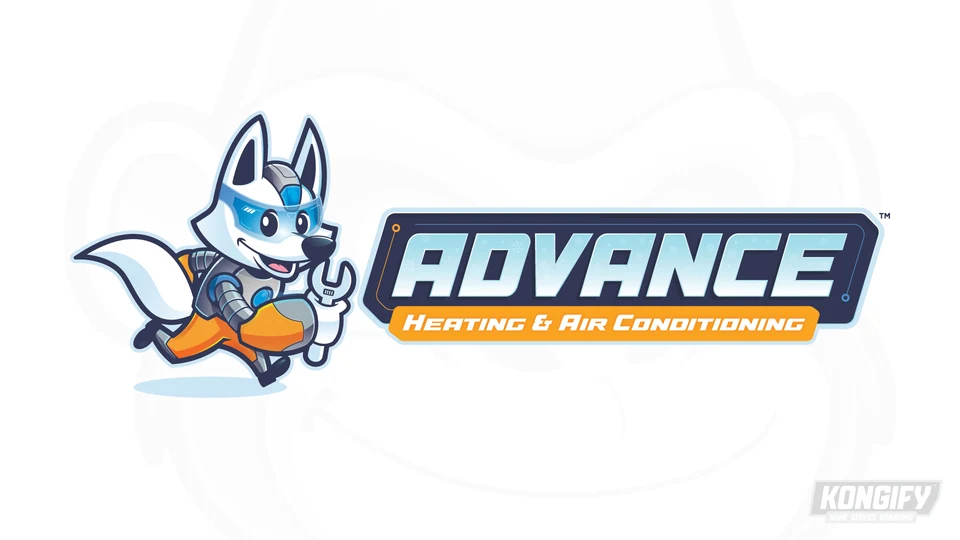 Advance Heating & Air Conditioning logo with a white running fox in a blue visor and metal suit holding a wrench beside slanted blue lettering.