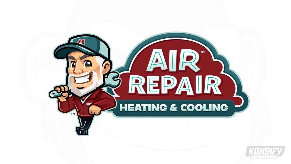 Air Repair Heating and Cooling logo with a smiling bearded repairman, shoulder-held wrench, and red cloud-shaped nameplate.