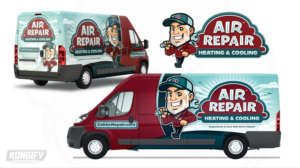 Air Repair van wrap with a large repairman, red front, mint sky, clouds, and curved dark bands.