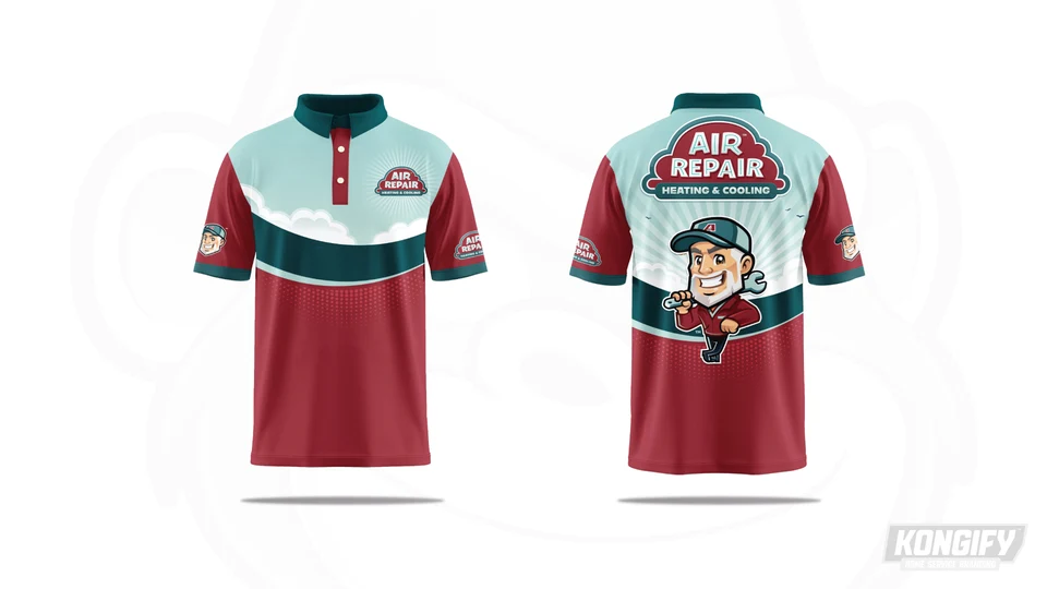 Air Repair polo design with mint shoulders, red lower panels, dark curved bands, and a large repairman on the back.