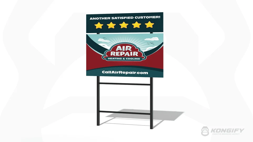 Air Repair yard sign with a red nameplate over a mint sky, pale rays, and dark curved bands.