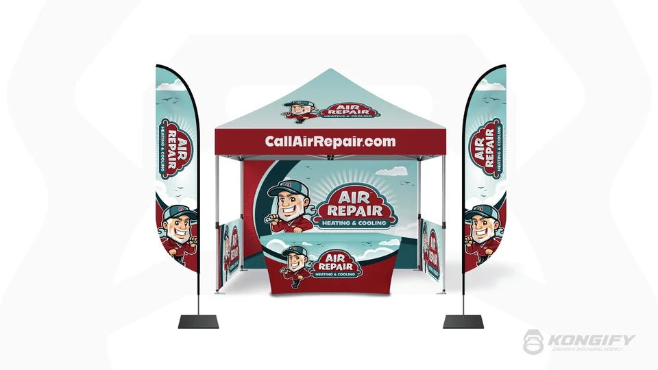 Air Repair event display with a branded canopy, backdrop, table cover, repairman, and red and mint graphics.