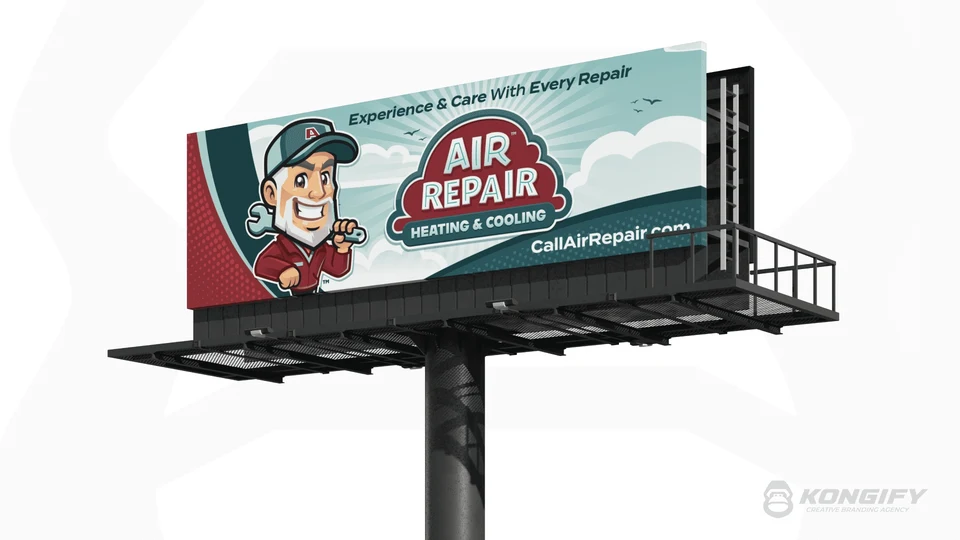 Air Repair billboard design with the repairman, cloud-shaped nameplate, service wording, tagline, and website address.