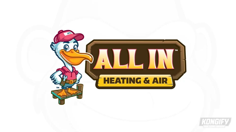 All In Heating & Air logo with a pelican in a pink cap and shirt, tool belt, and teal shorts standing on a dock beside a wood-style badge.