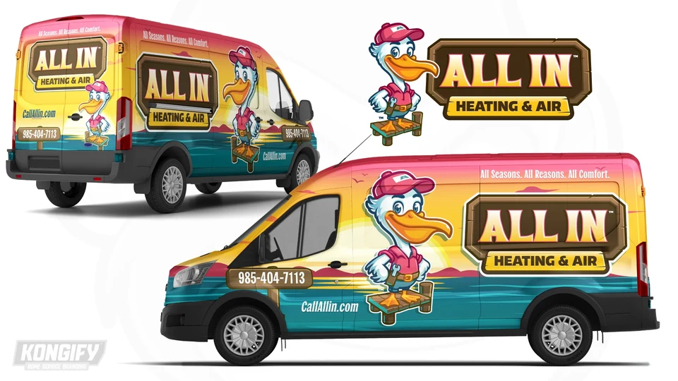 All In Heating & Air van wrap design with a large pelican, pink-and-gold sunset, teal water, and wood-style name and phone panels.