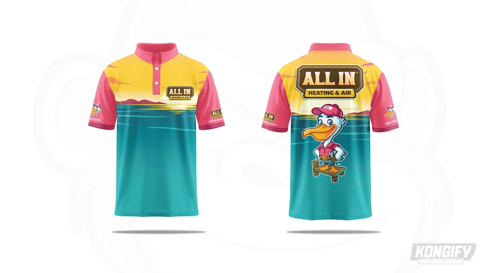 All In Heating & Air polo design with a gold sunset, teal water, pink sleeves, and large pelican character on the back.