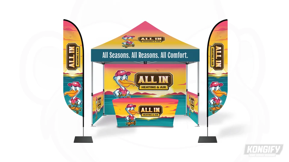 All In Heating & Air event display design with a sunset canopy, teal water scene, pelican artwork, matching table cover, and two flags.