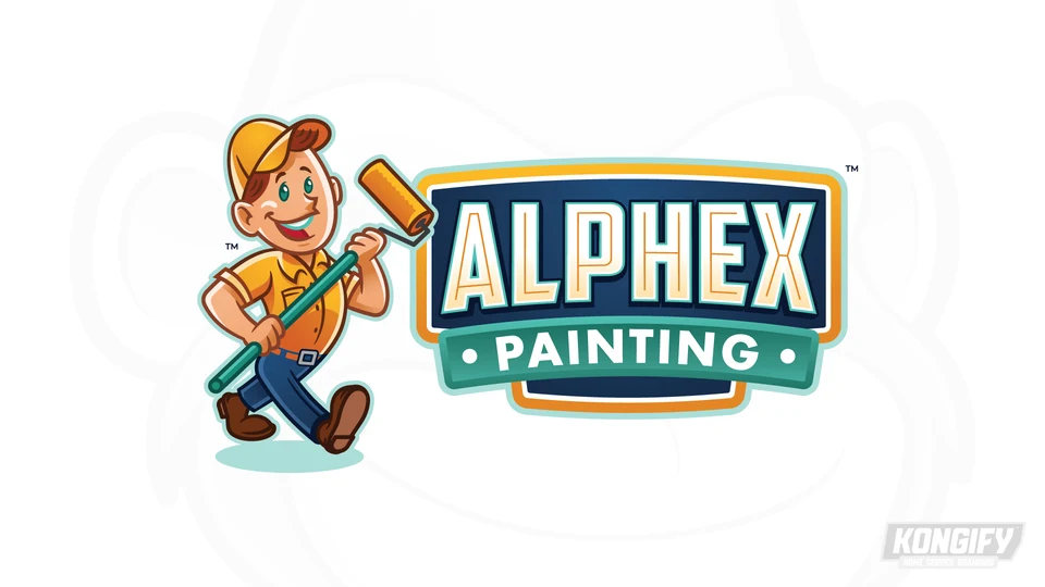 Alphex Painting logo with a smiling painter in a gold cap and shirt carrying a long teal-handled roller beside a navy name badge.