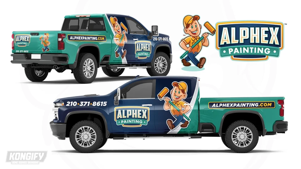 Alphex Painting pickup wrap design with a navy front, teal bed, light dividing band, painter character, and large website panel.
