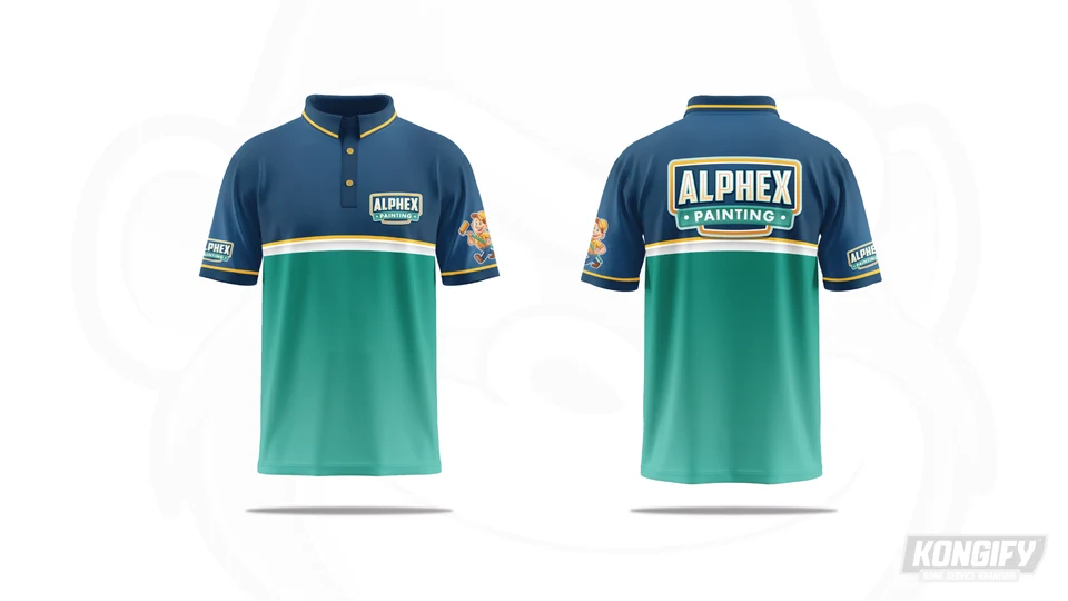 Alphex Painting polo design with a navy top and sleeves, teal lower section, gold and white dividing bands, and painter on a sleeve.
