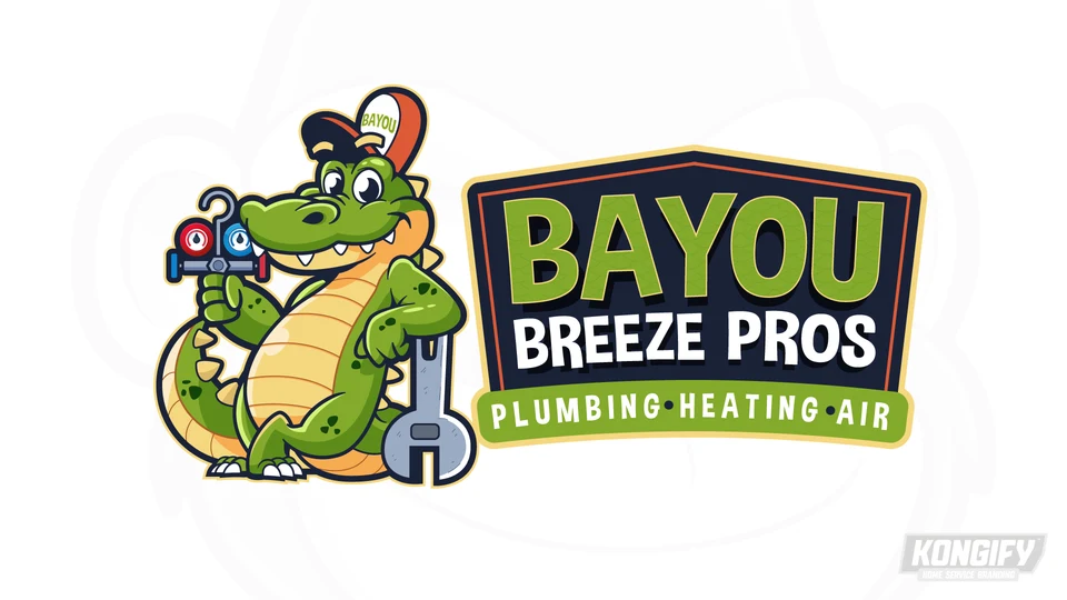 Bayou Breeze Pros logo with a smiling green alligator holding red-and-blue gauges and leaning on a large wrench beside a navy name badge.