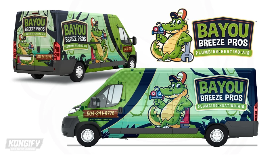 Bayou Breeze Pros van wrap design with a large alligator, green patterned front, swamp water, trees, hanging vines, and a navy name badge.