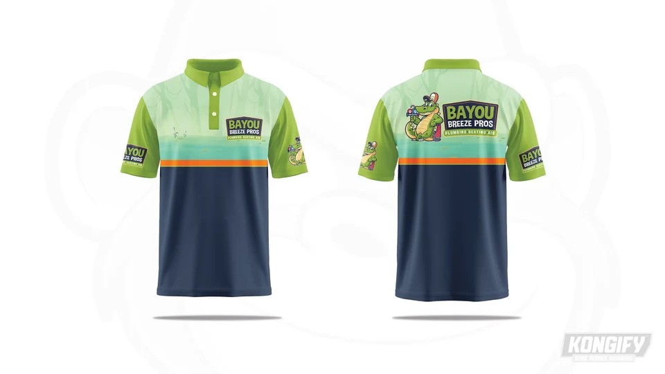 Bayou Breeze Pros polo design with a pale swamp scene across the chest, green sleeves, orange dividing stripe, and navy lower section.