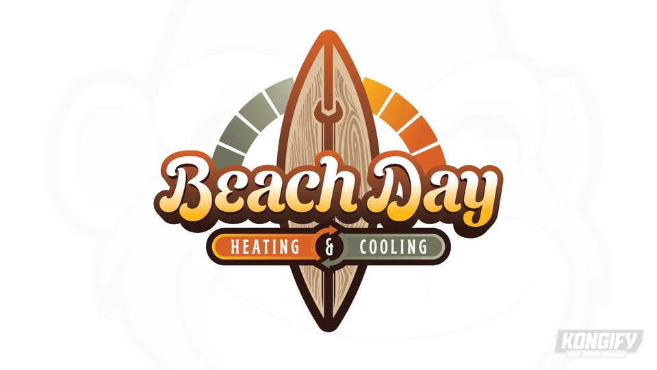 Beach Day Heating and Cooling logo with a wood-grain surfboard, central wrench, curved lettering, and orange and sage service panels.