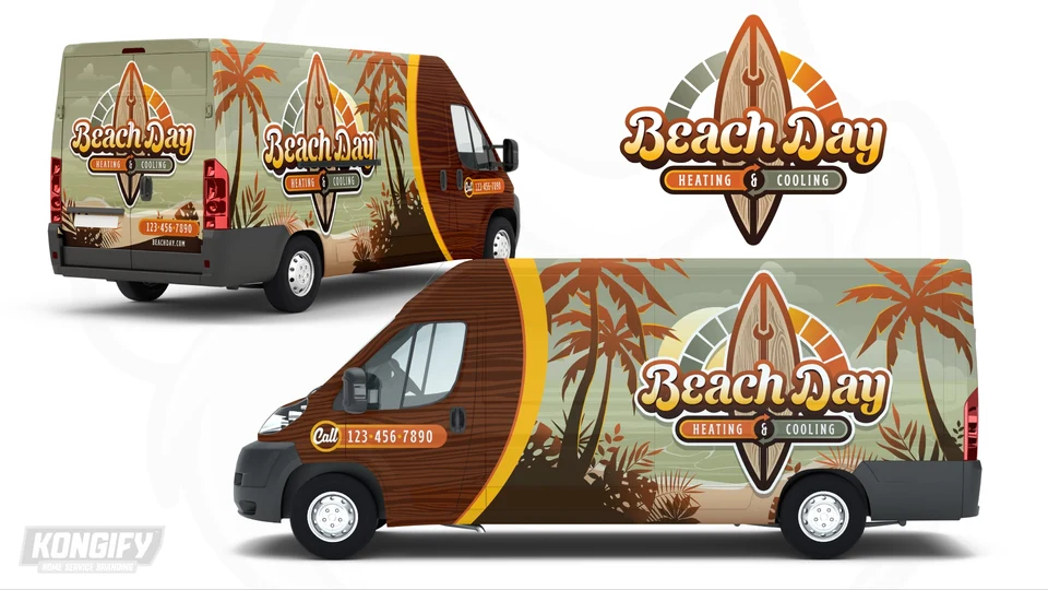 Beach Day Heating and Cooling vehicle wrap artwork.