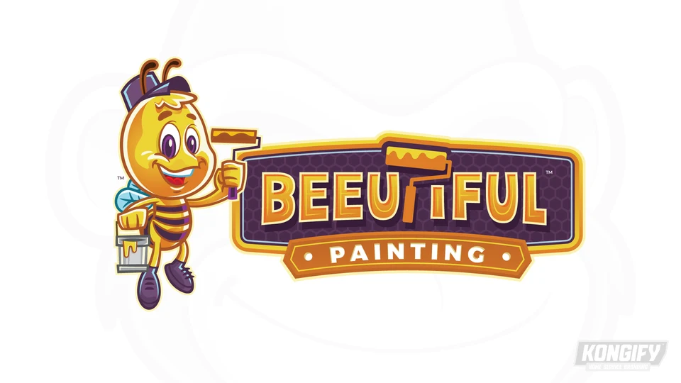 Beeutiful Painting logo with a yellow bee holding a roller and paint pail, gold lettering, and a purple honeycomb badge.