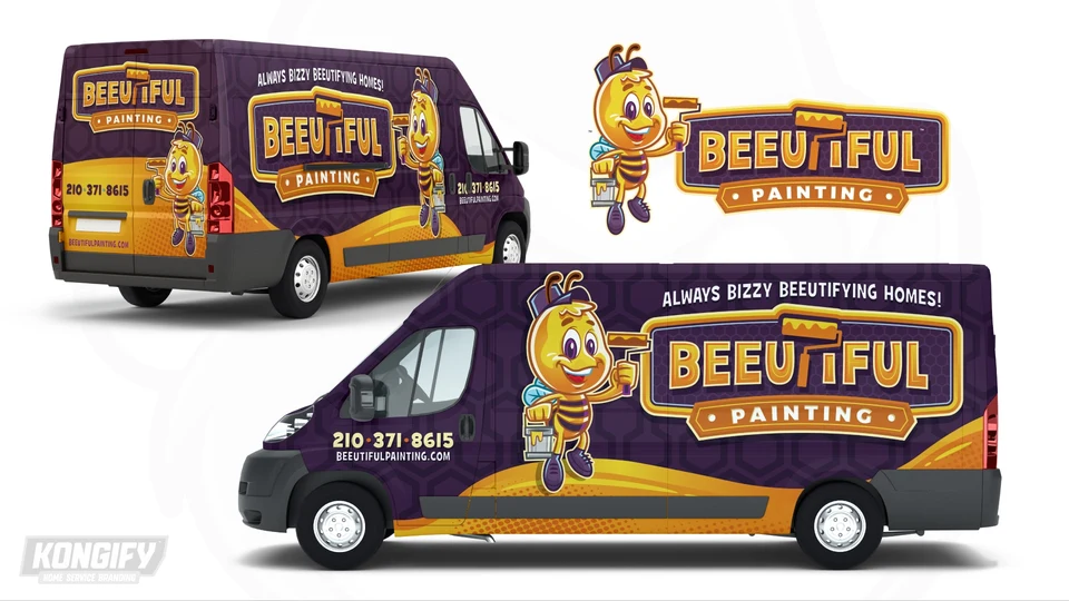 Beeutiful Painting van wrap design with a purple honeycomb background, yellow bee mascot, gold name, and orange lower sweep.