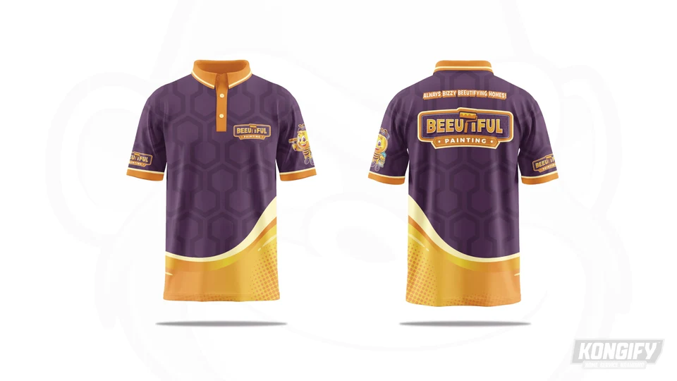 Beeutiful Painting polo design with purple honeycomb, gold trim, chest and back name badges, and a bee graphic on the sleeve.
