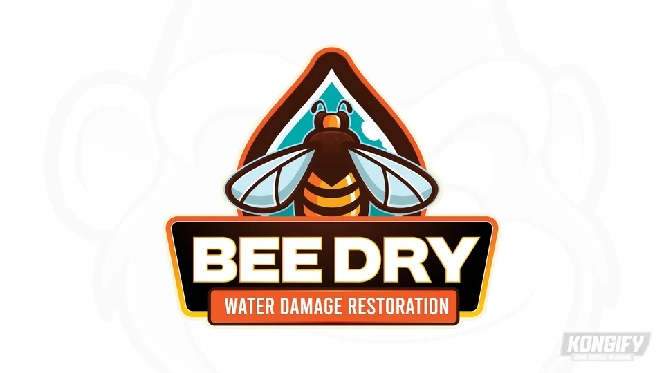 Bee Dry Water Damage Restoration logo with a striped bee over a teal water drop, light block lettering, and orange service panel.