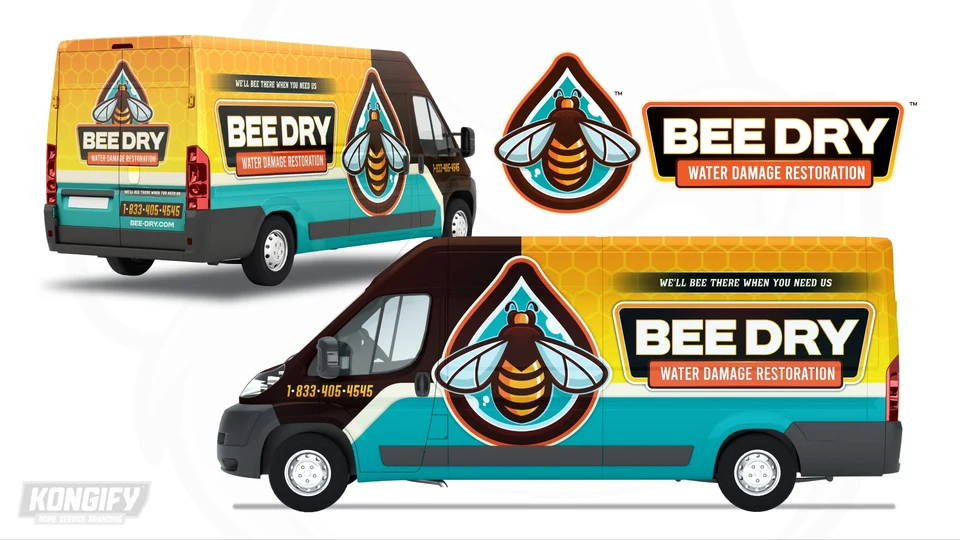 Bee Dry van wrap design with a large bee-and-water-drop symbol, yellow honeycomb pattern, teal lower section, and dark front.