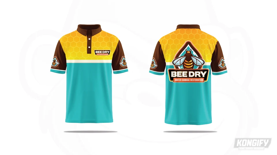 Bee Dry polo design with a yellow honeycomb top, teal lower section, brown sleeves, and bee-and-water-drop logo on the back.