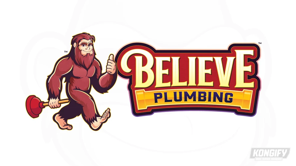 Believe Plumbing logo with a friendly Bigfoot holding a plunger and giving a thumbs-up beside gold and red lettering.