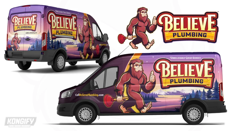 Believe Plumbing van wrap with a large Bigfoot, purple and pink sky, mountain lake, pine trees, and gold name lettering.