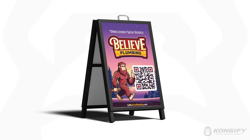 Believe Plumbing A-frame design with the name, Bigfoot, purple mountain scene, website address, and a large QR code.
