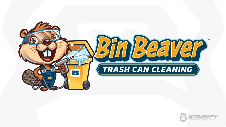 Bin Beaver Trash Can Cleaning logo with a smiling beaver in goggles spraying a yellow wheeled bin beside gold and navy lettering.