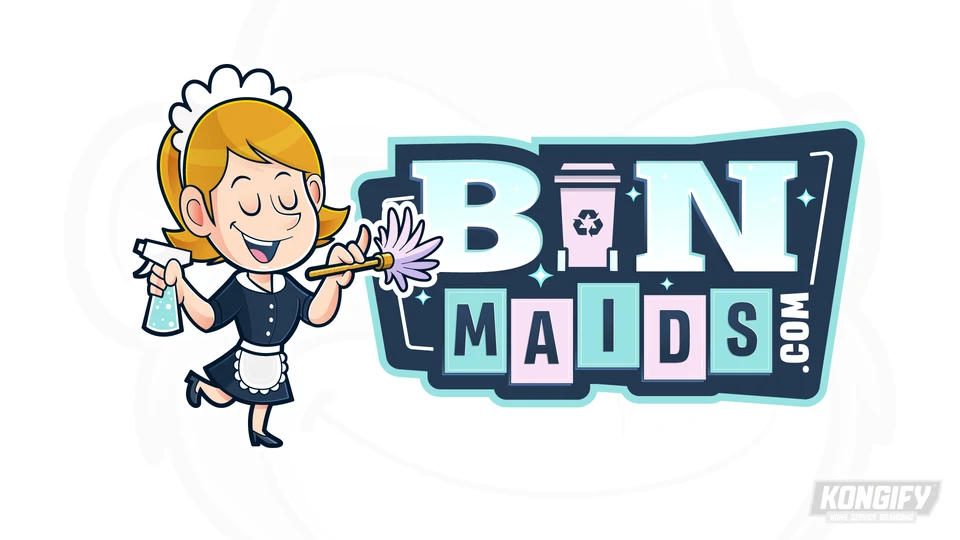 Bin Maids logo concept with a smiling maid holding a spray bottle and duster beside large lettering with a wheeled bin forming the i.