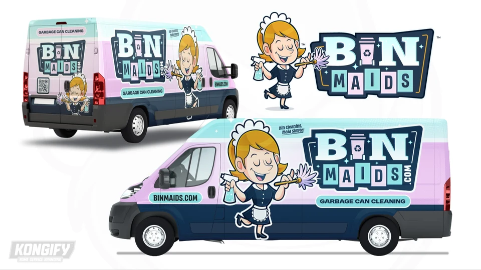 Bin Maids van concept with aqua, pale pink, and navy fields, large cleaning character, bin-shaped lettering, and a Garbage Can Cleaning panel.