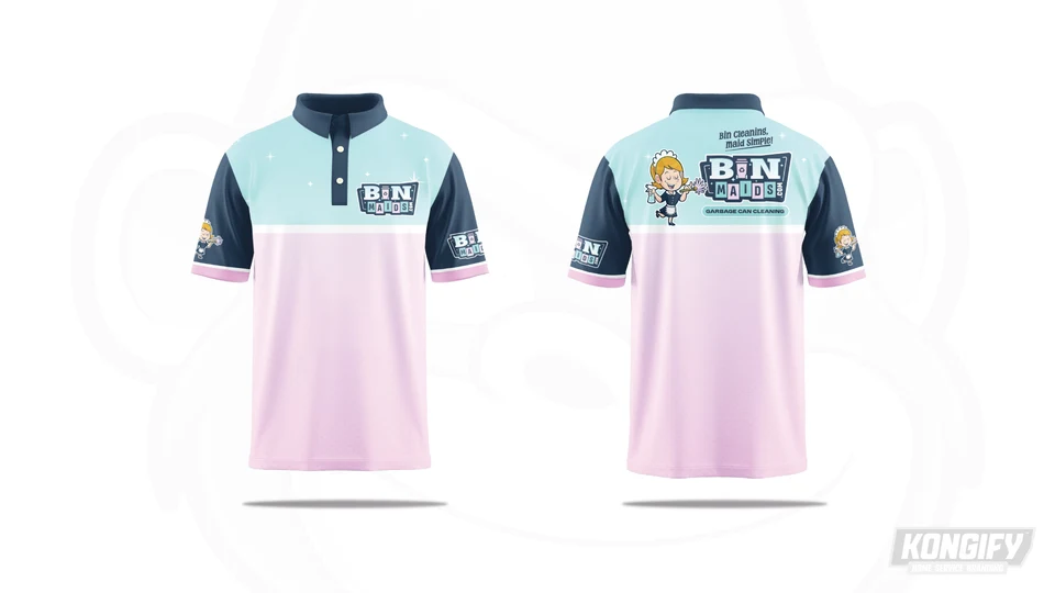 Bin Maids polo concept with an aqua top, pale pink lower section, navy sleeves, and cleaning character and badge on the back.