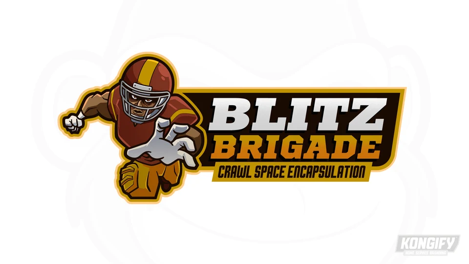 Blitz Brigade Crawl Space Encapsulation logo with a burgundy and gold football character reaching forward beside bold white and gold lettering.