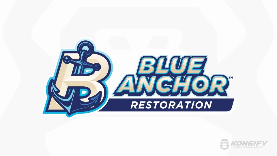 Blue Anchor Restoration logo with a blue anchor crossing a cream B, cream name lettering, cyan outlines, and a navy service band.