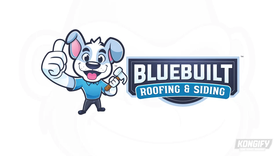BlueBuilt Roofing & Siding logo with a white and blue dog holding a hammer and giving a thumbs-up beside a navy name badge.