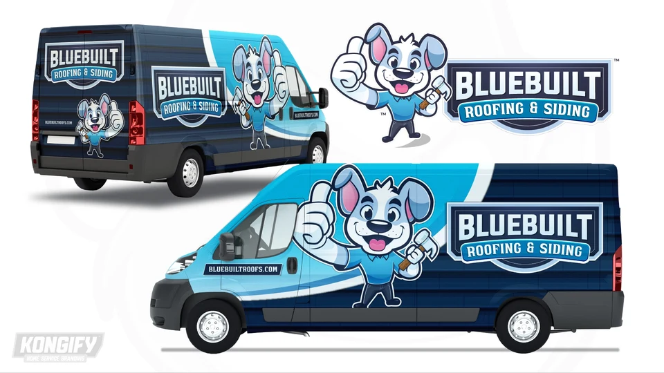BlueBuilt van design with a light blue front, navy rear panels, a large dog mascot, and a Roofing & Siding name badge.