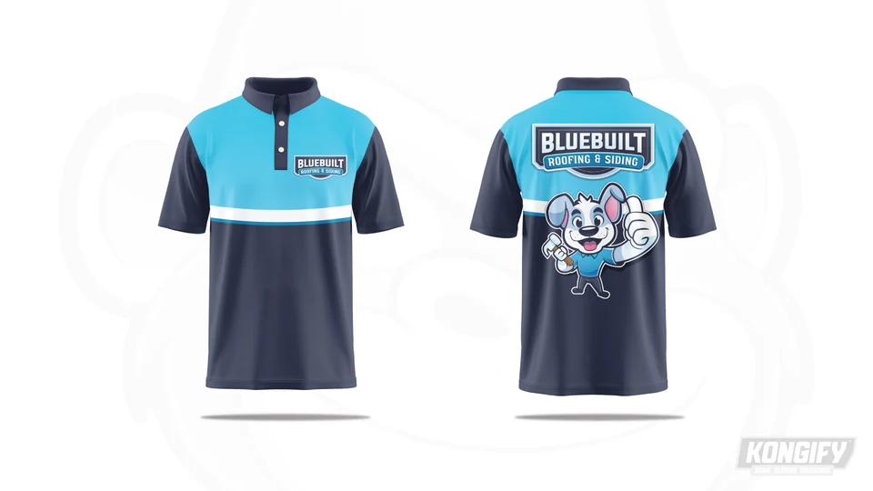 BlueBuilt polo design with a light blue upper panel, navy sleeves and lower body, white stripe, and large dog graphic on the back.