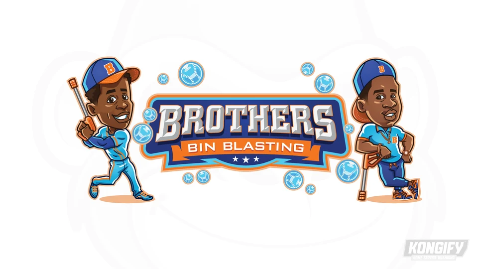 Brothers Bin Blasting logo with two characters in baseball caps holding cleaning wands beside a blue, orange, and silver badge surrounded by bubbles.