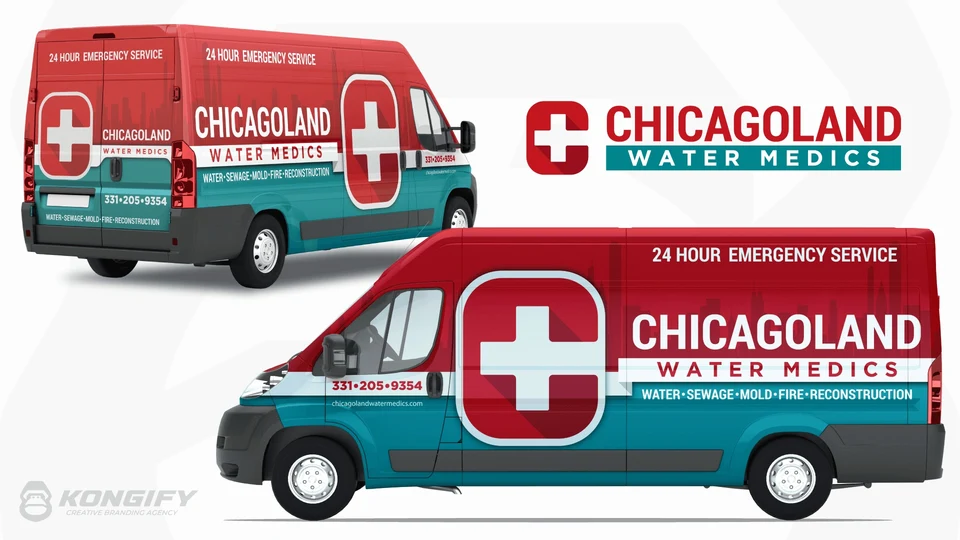 Chicagoland Water Medics van wrap with a large C-and-cross symbol, red upper panels, teal lower panels, white bands, and skyline detail.