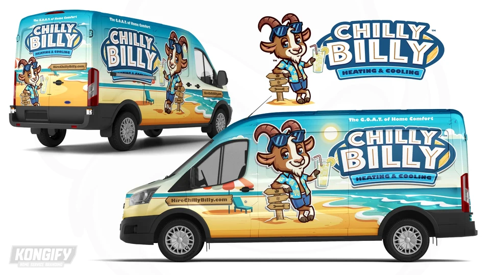 Chilly Billy van wrap design with a goat mascot, beach scene, and large name lettering.