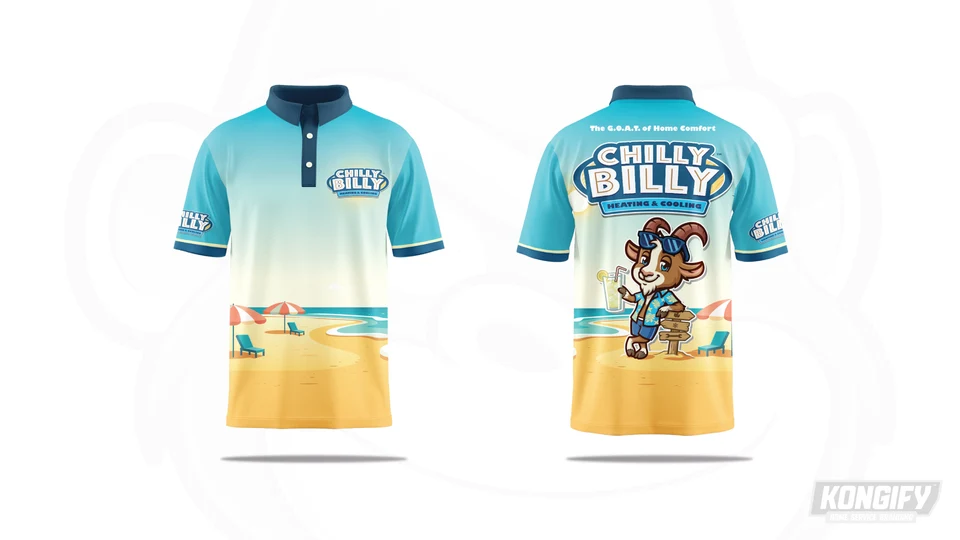 Front and back of the Chilly Billy polo design with blue trim and a beach scene.