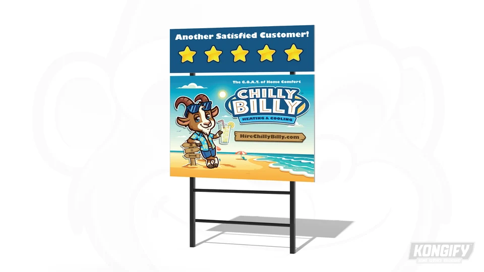 Chilly Billy yard-sign design mockup with the goat, logo, and website address.