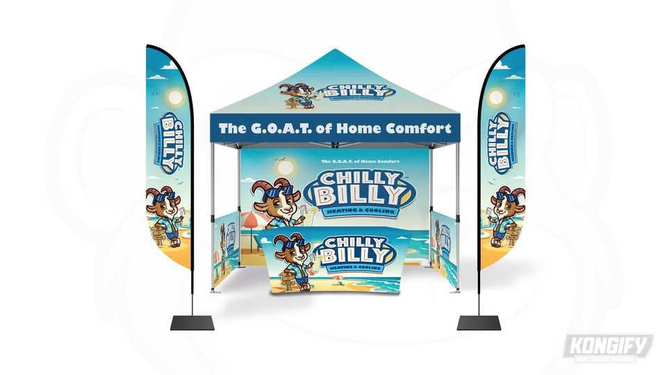 Chilly Billy event display design with a canopy, backdrop, table cover, and flags.