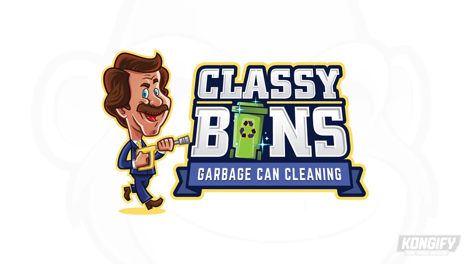 Classy Bins logo with a mustached character in a navy suit holding a cleaning wand beside a green bin that forms the I in Bins.